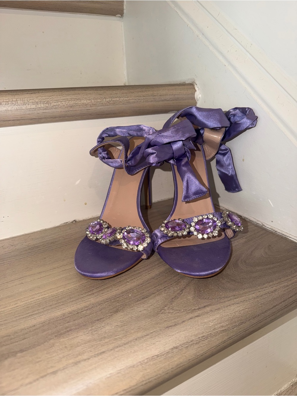SHEIN Purple Satin Gem-Embellished Ankle Tie Sandals